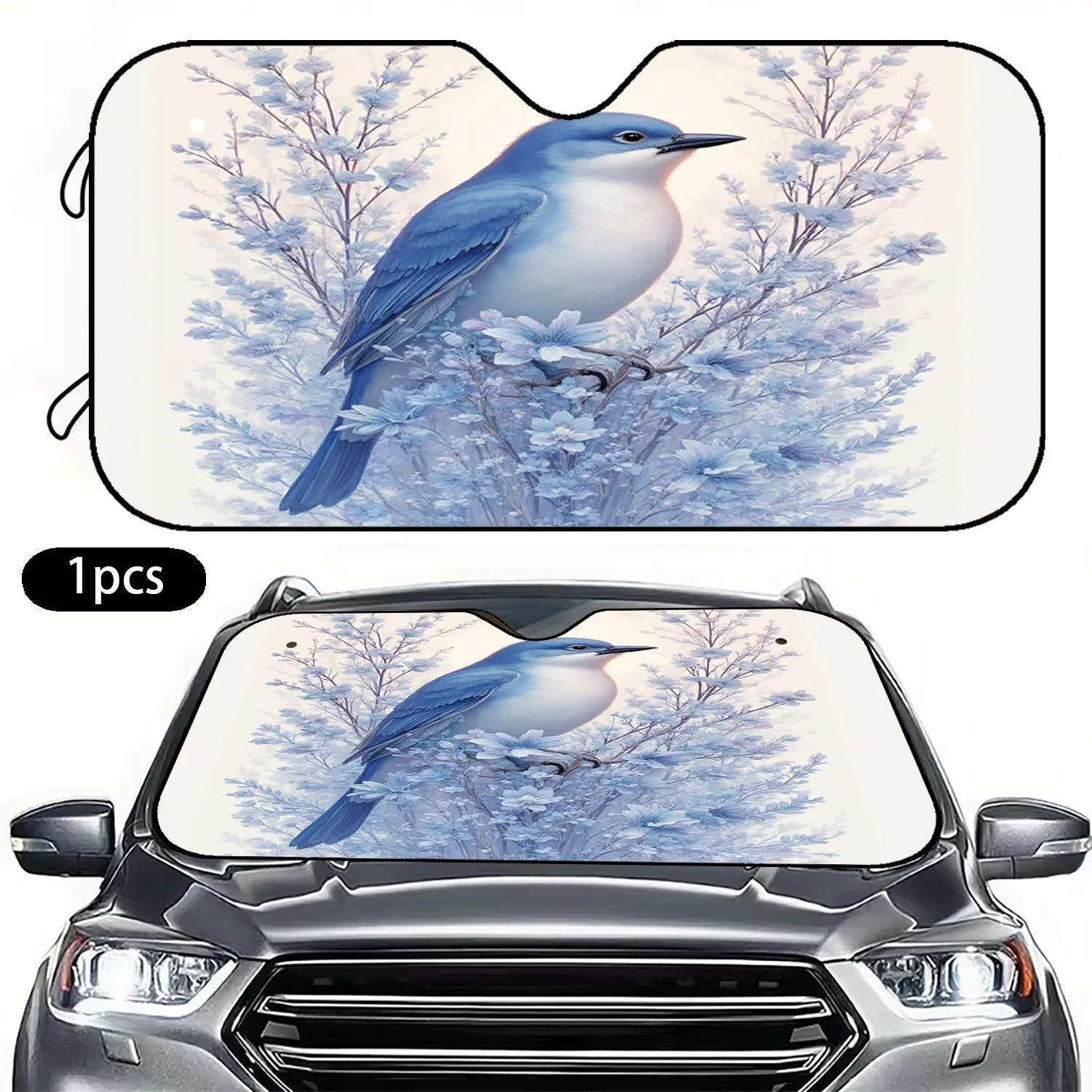 Blue Bird on Blue Flower Car Sunshade, 1pc Car Windshield Sunshade, Car Interior Accessory, Pet Lover, Summer UV Protection