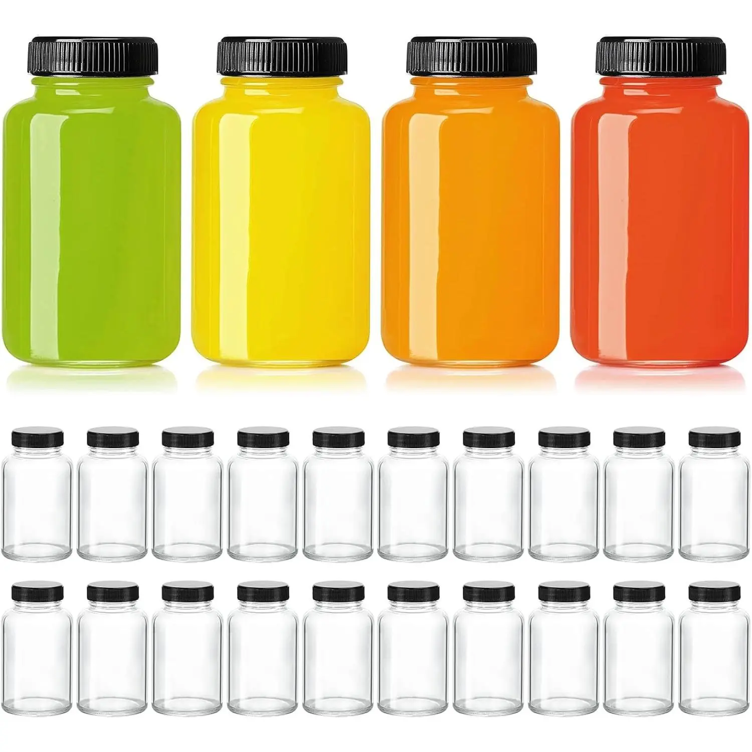 KEYWING 24 Pack Small Shot Bottles, 4oz Glass Jars with Lids for Juice | Wide Mouth Shot Bottles with Caps, Wellness Shot Glass Bottles for Ginger, Whiskey, Dishwasher Safe