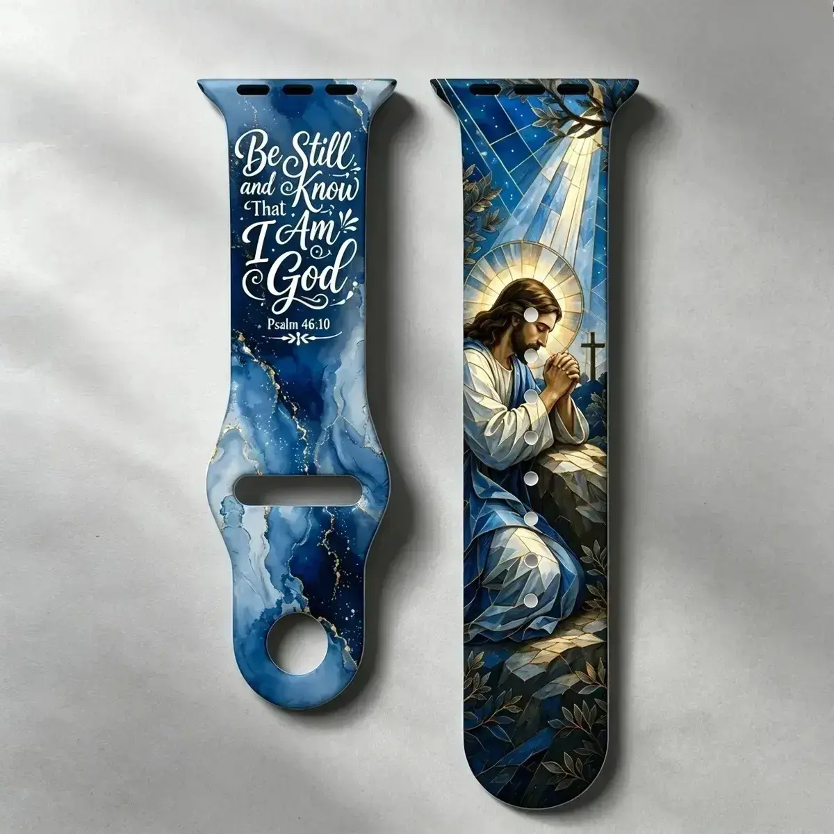 Christian Faith Silicone Watch Band - Stained Glass Praying Jesus & Bible Verse Psalm 46:10 Print Soft Sport Replacement Strap For Apple Watch Ultra Series 11 10 9 8 7 6 SE 49mm 45mm 44mm 42mm 41mm 40mm 38mm Daily Wear Gift