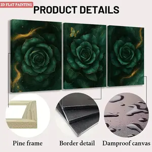 3-piece set of framed canvas paintings - Emerald Rose Triptych with gold accents 2D canvas wall art print - Halloween interior decoration, autumn home decor, local warehouse, wall decoration, home bedroom kitchen living room bathroom, hotel cafe office de
