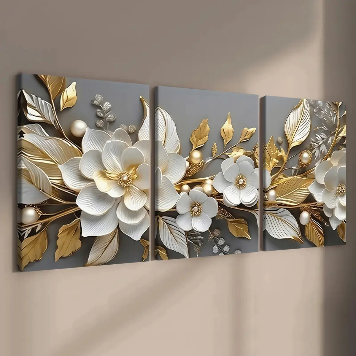 3 count wooden frame canvas, light luxury three-dimensional platinum flower triple poster, perfect living room decoration, family poster, modern art decoration, suitable for corridor, office, room and bedroom hanging picture, HD, waterproof, gift