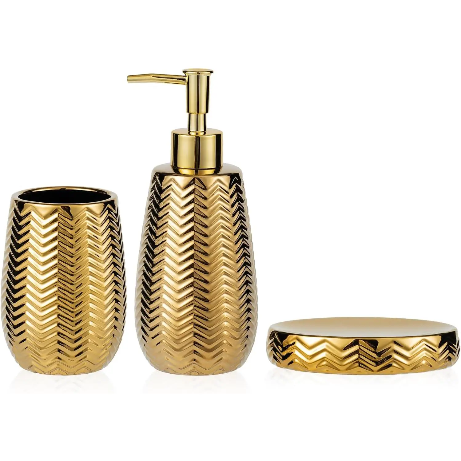 3pcs Stylish Gold Ceramic Bathroom Accessories Set Wavy Design Modern Decor Including Gold Soap Dispenser Pump, Tumbler and Soap Dish