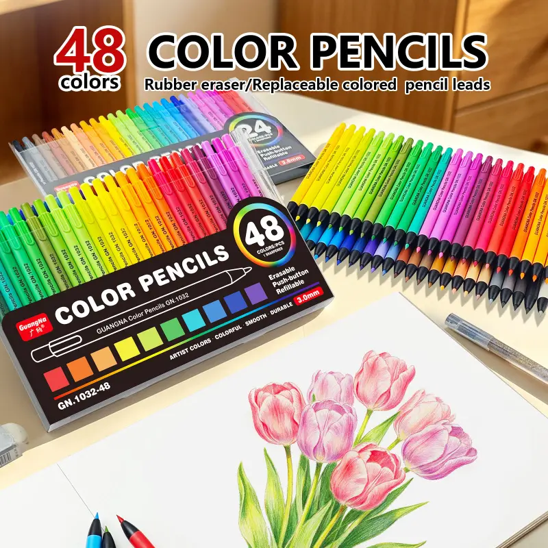 Each of the 24/48-color push-button colored pencils is durable and features a retractable design, allowing you to access the full color spectrum without sharpening-ideal for blending, shading, and detailed drawing.