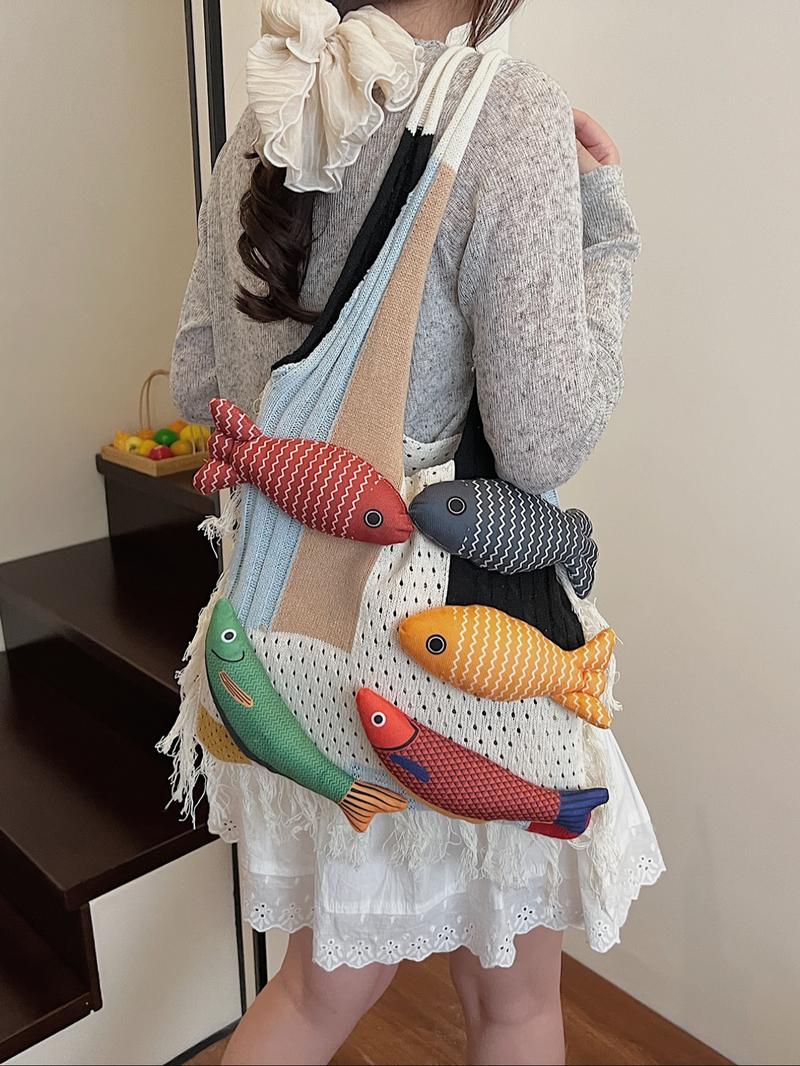 Stylish Rainbow Color Women's Knitted Bag with Colorful Fish Pattern, Versatile Shoulder Bag for Work, Shopping, Outings and Daily Use