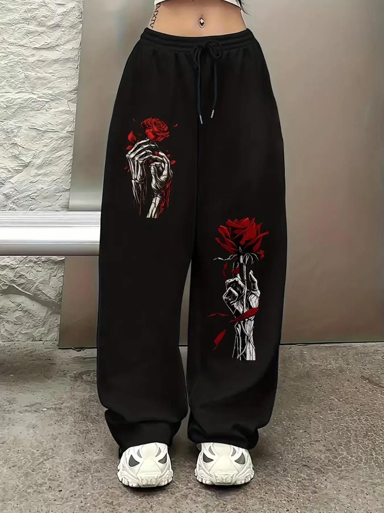 Women Y2K Goth Alt Street Jogger Sweatpants Soft Cotton Blend Solid Black High Waist Drawstring Dual Side Asymmetrical Skeleton Hand Red Rose Graphic Wide Leg Cuffed Casual Trousers For Festival Daily Street 2026 Trendy #skeletonrosejogger #gothpunkcuffed