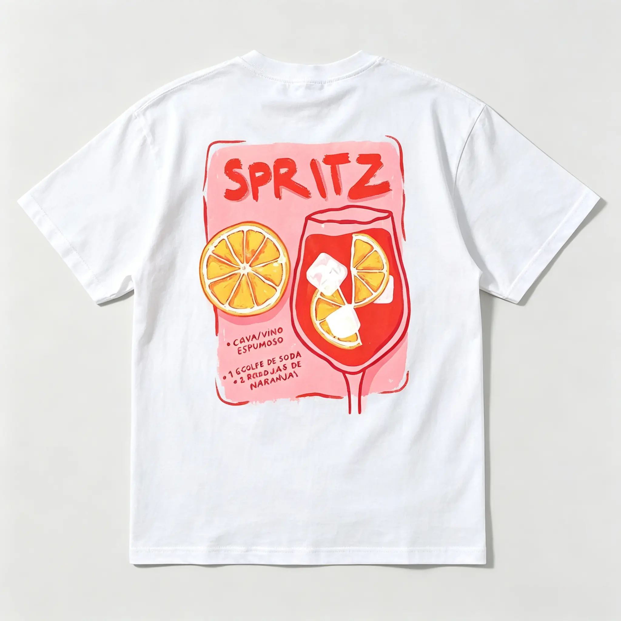 Spritz Orange Cocktail Recipe Back Print Mediterranean Coastal Summer Graphic T-Shirt, high-definition premium print trendy top, soft casual daily wear, versatile multi-scene weekend apparel, affordable lovely small surprise gift for European vacation lov