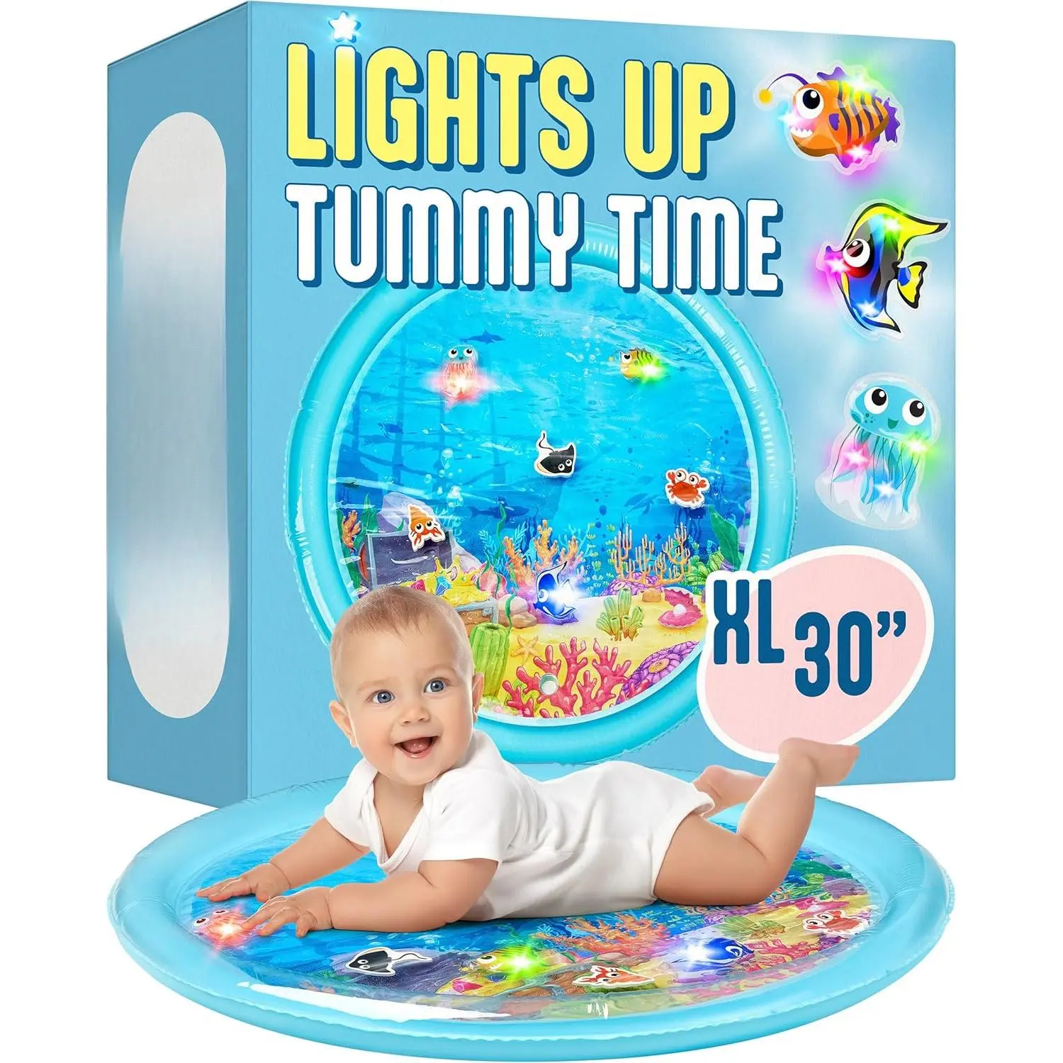 Lights Up Tummy Time Water Mat  Babies, 30" X-Large Baby Water Mat Tummy Time  Sensory Play with LED Glowing Fishes, Inflatable Fun Play Pad  Infants & Toddlers 3 to 36 mo New model gym