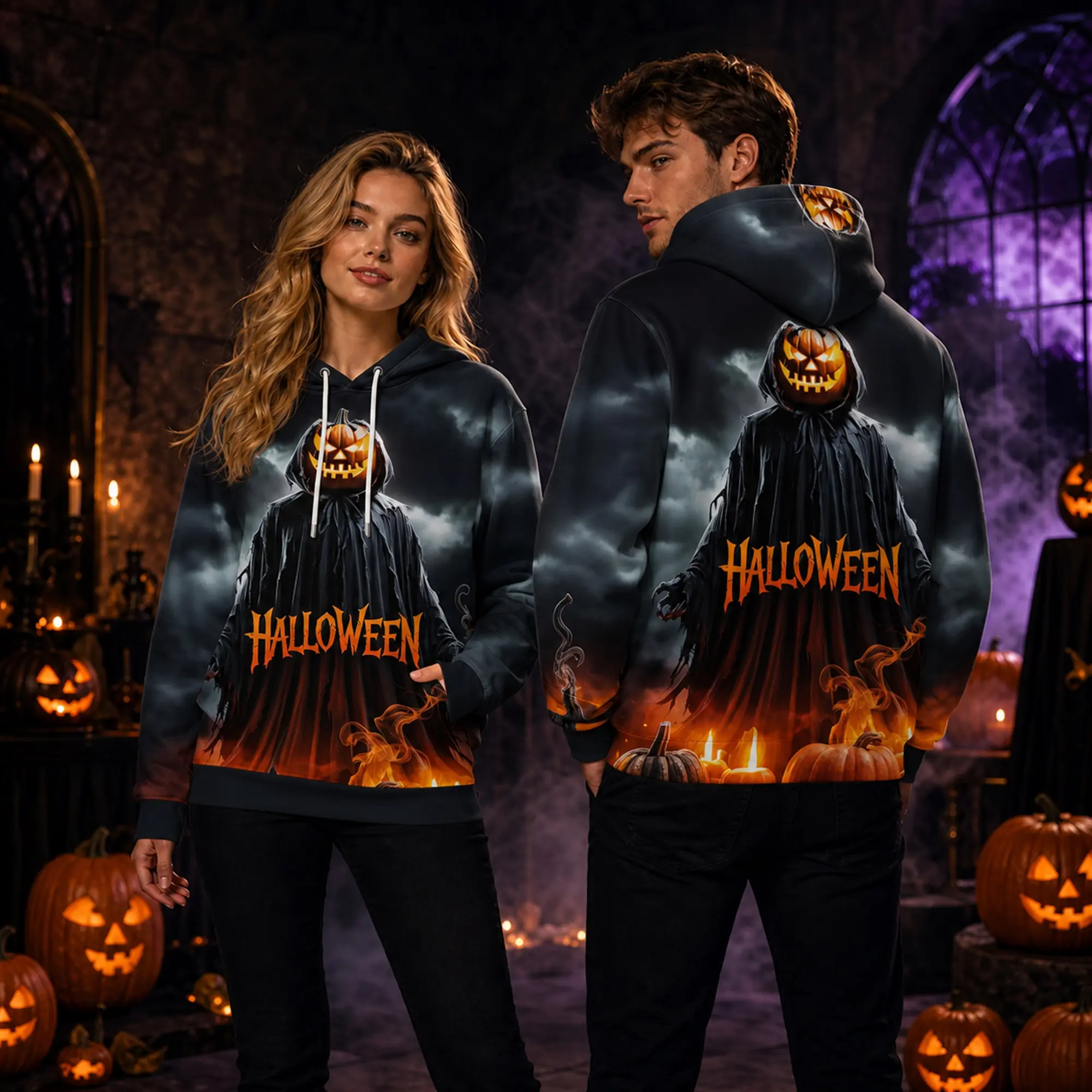 Halloween Party Hoodie for Men Women, Spooky Haunted Castle Pullover Sweatshirt with Moon Bat Graveyard Graphic, Halloween Costume Outfit, Gothic Streetwear Hoodie, Scary Season Clothes, Pumpkin Party Wear, Cozy Fall Hoodie for Trick or Treat Events