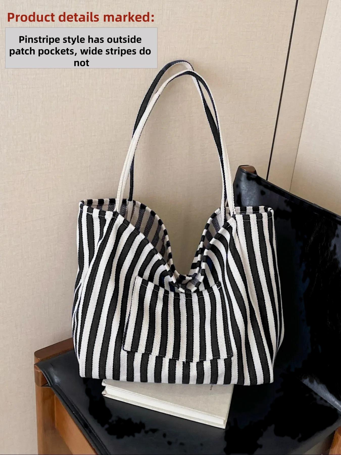 26 Spring Summer Women's Plain Striped Pattern Slouchy Tote Bag, Fashionable Large Capacity Shoulder Bag for Work & Daily Used, Trendy All-match Bag for Commuters and Students