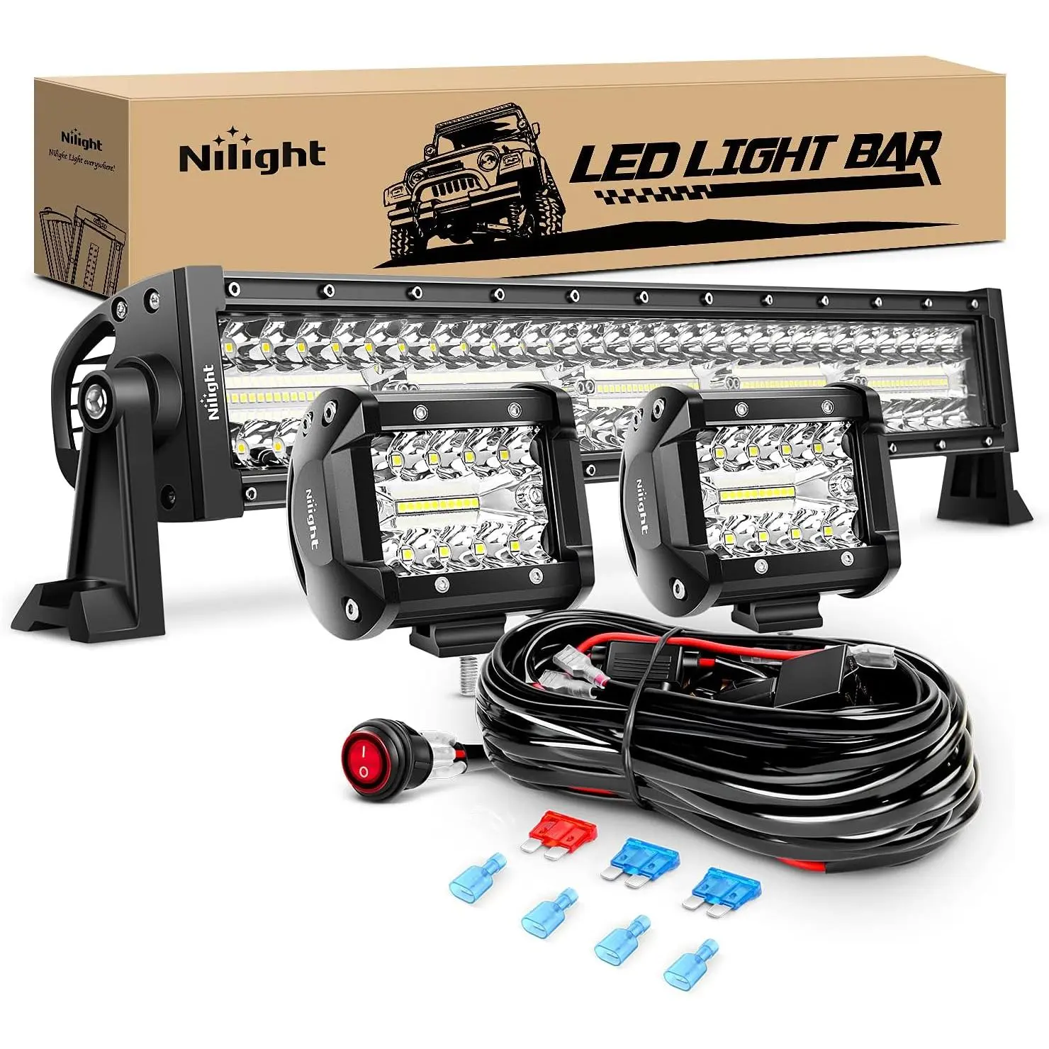 Nilight Led Light Bar 22Inch 480W Triple Row Flood Spot Off Road Driving Lights 2PCS 4 Inch 60W Cube LED Pods Lights with Off-Road Wiring Harness-3 Leads for Boat Truck UTV ATV Vehicle, Led Car Lights, Off-Road Compatible
