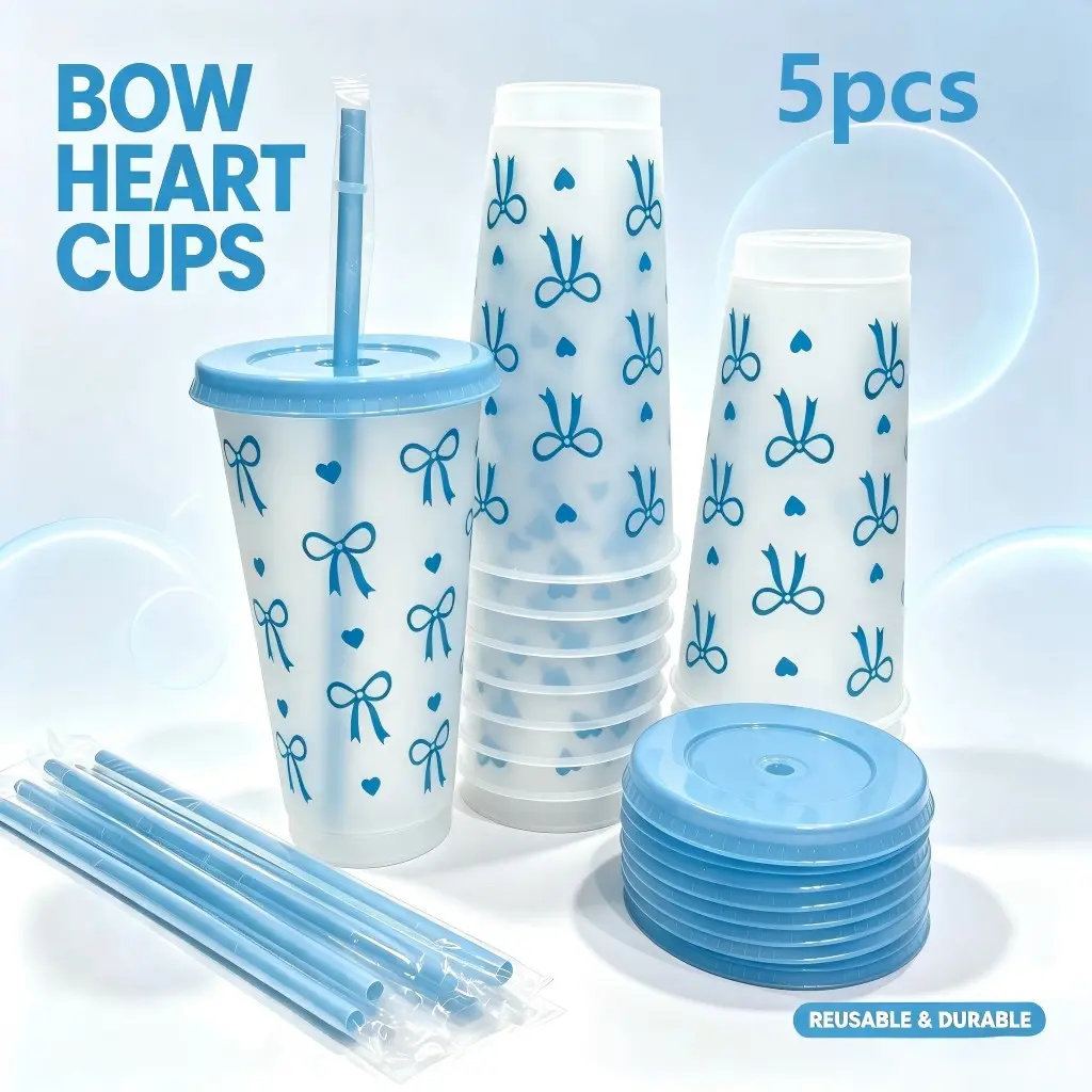 24oz College Style Plastic Cup with Lid and Straw, Reusable Butterfly Heart Coffee Cup, Perfect for Valentine's Day, Wedding, Party Gifts