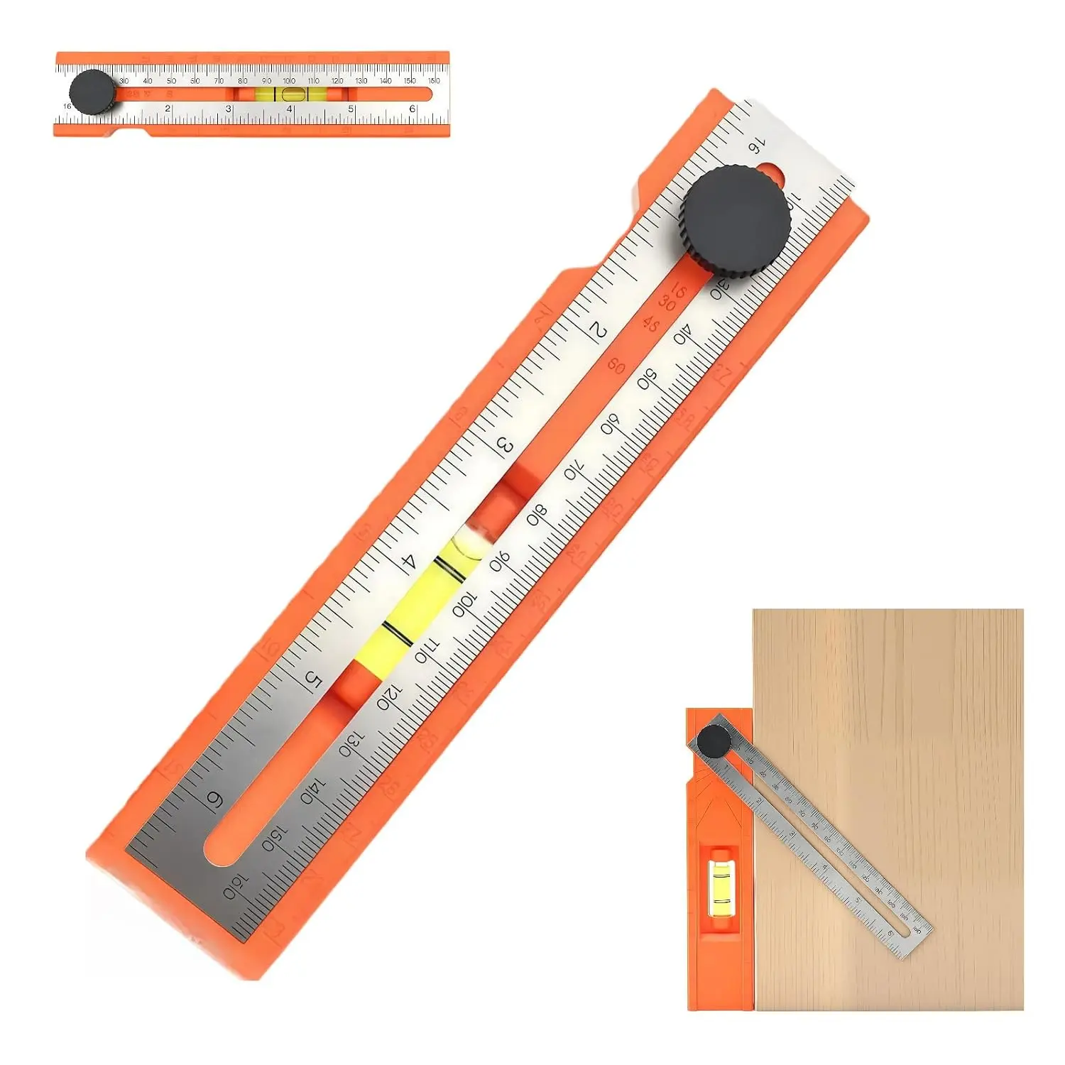 Adjustable Positioning Marking Protractor Tool, Multi-Angle Depth Measuring Ruler with Level Gauge & Rotatable Knob Angle Marking 15°-90°,  Leveling & Marking Tool for Woodworking & Carpentry