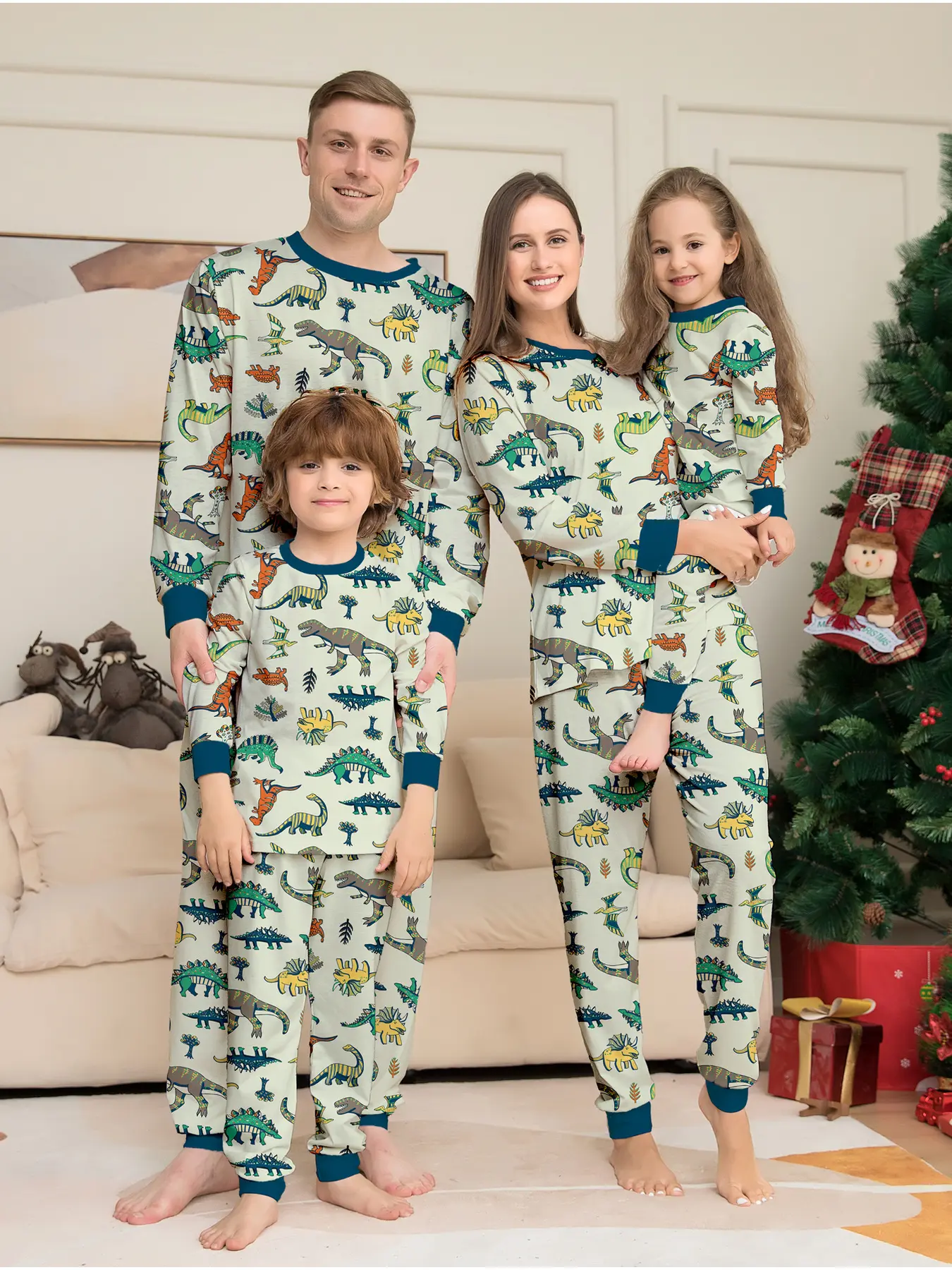 Family Matching Christmas Pajamas Set for 4, Santa & Tree Print Two-piece Loungewear with Red Trim, Soft Breathable Knit, Perfect for Xmas Photos, Party & Daily Sleep