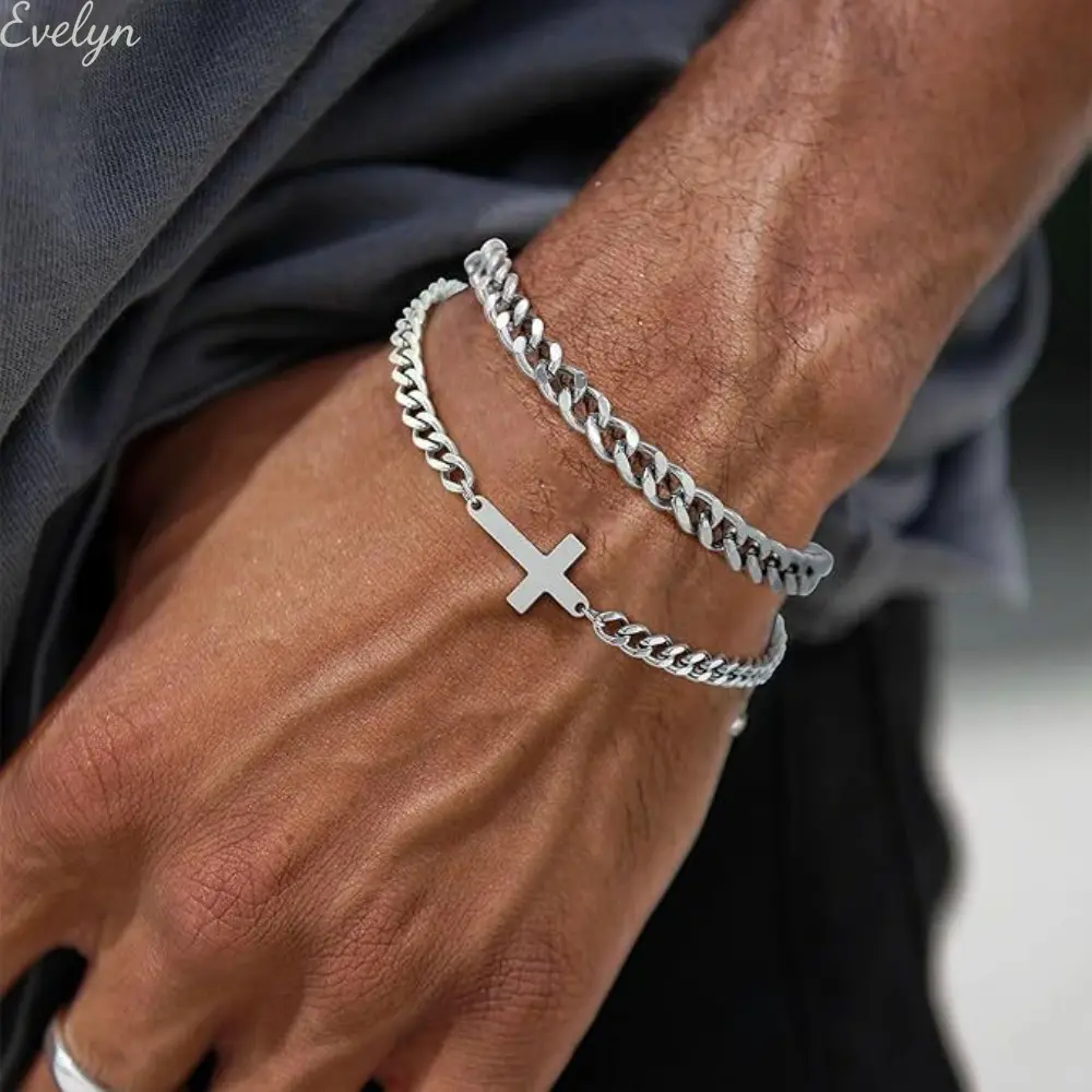 Men's Cross Bracelet Set, Silver Stainless Steel Cuban Link Bracelet, Adjustable Size, Men's Faith Bracelet Gift