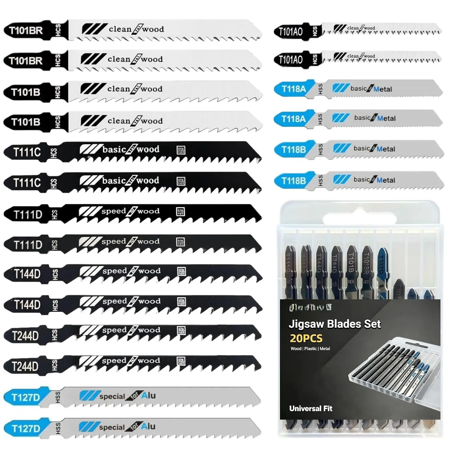 20 count Jigsaw  Set,  T-Shank Jig   for , Plastic & Metal (T118A, T118B, T101AO, T101B, T101BR, T144D, T111C, T111D, T244D, T127D)
