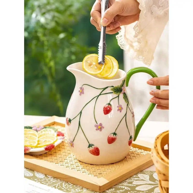 Artisanal Handmade Glossy Ceramic Strawberry Pitcher - 1.6 Qt Kitchen Table Standing Jug with Handle, Farmhouse Home Decor Vase, Kitchen Utensil Holder for Flowers