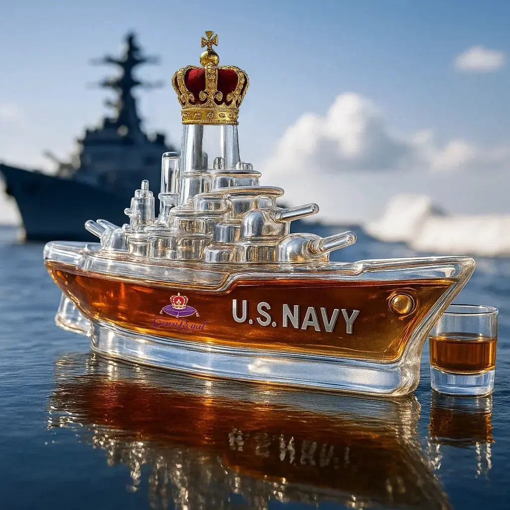 Bar-Size Nautical USS "Sea Lord" Naval Theme Acrylic Glass Empty Container with Tapered Natural Cork Stopper - Kitchenware & Bar Utensils, Adult Desk-Shelf Sculpture Decoration (No Alcoholic Liquid Included)