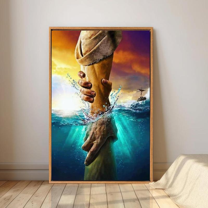 1 Count Framed Jesus Christ Canvas Wall Art The Hand of God Jesus Reaching Into Water Christian Painting Prints Biblical Wall Decor Religious Room Decor for Church Prayer Room Schools Hospitals 16x24inch