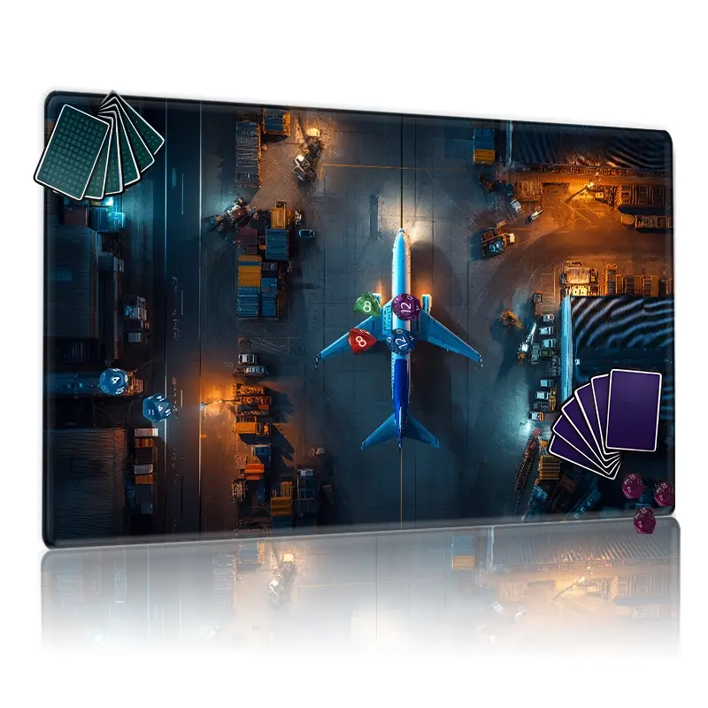 Aerial View Cargo Airplane TCG MTG Playmat 12x24inch Non-Slip Blue Orange White Design, Perfect for Card Game Enthusiasts, Ideal for Party & Family Use, Great Gift for Game Lovers