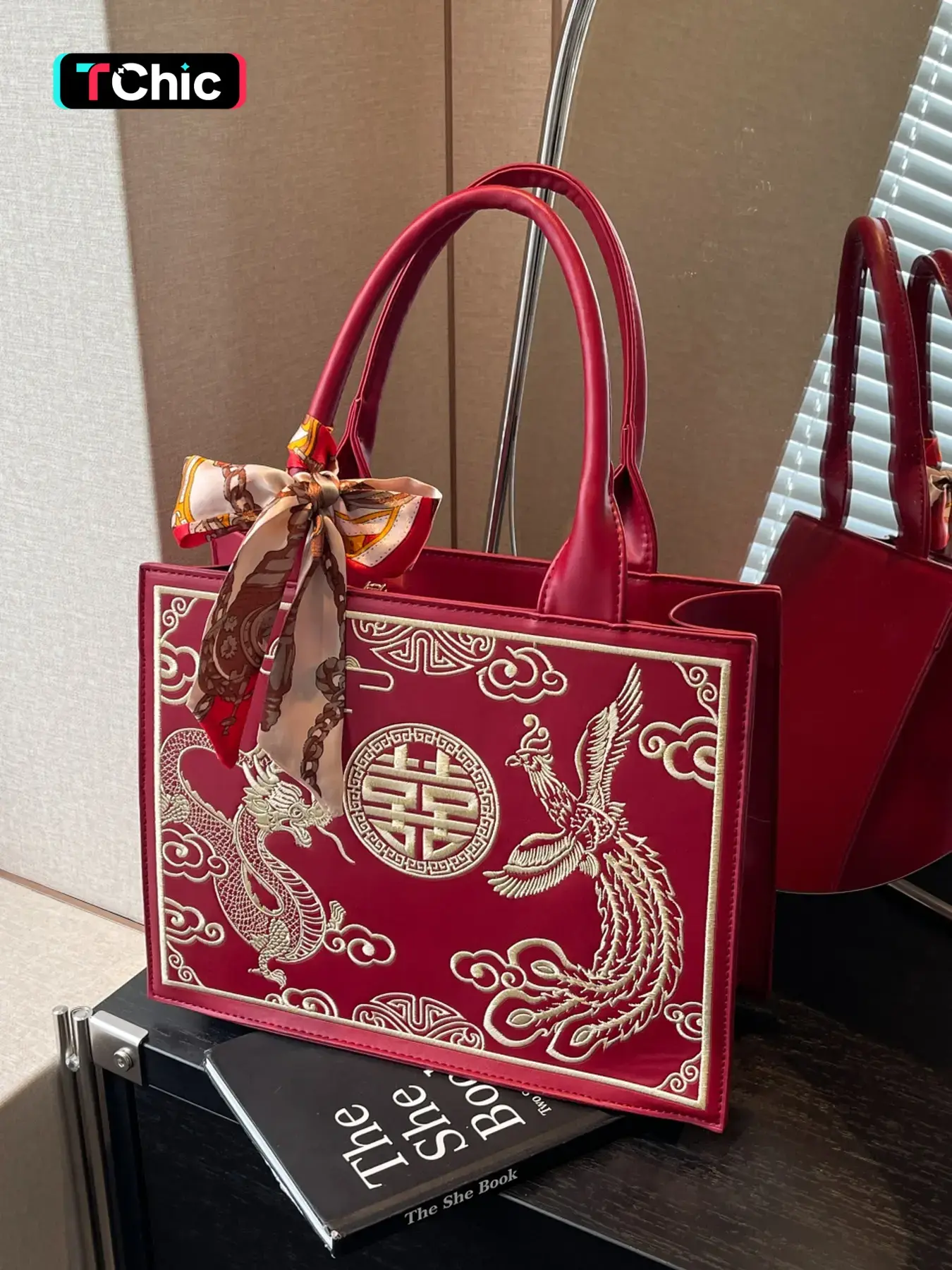 Chinese Style Red Bridal Tote Handbag, Dragon Phoenix Embroidered Large Capacity Women Handbag with Silk Scarf, Wedding Banquet Daily Commute Bag