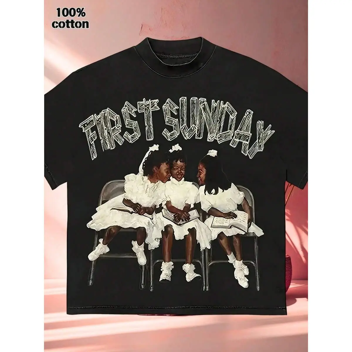 Women's Royal Black Cotton Printed Short-Sleeve Drop-Shoulder Round-Neck Casual Sports Top, Machine-Washable, Featuring 'First Sunday' Graphic, Shortsleeve