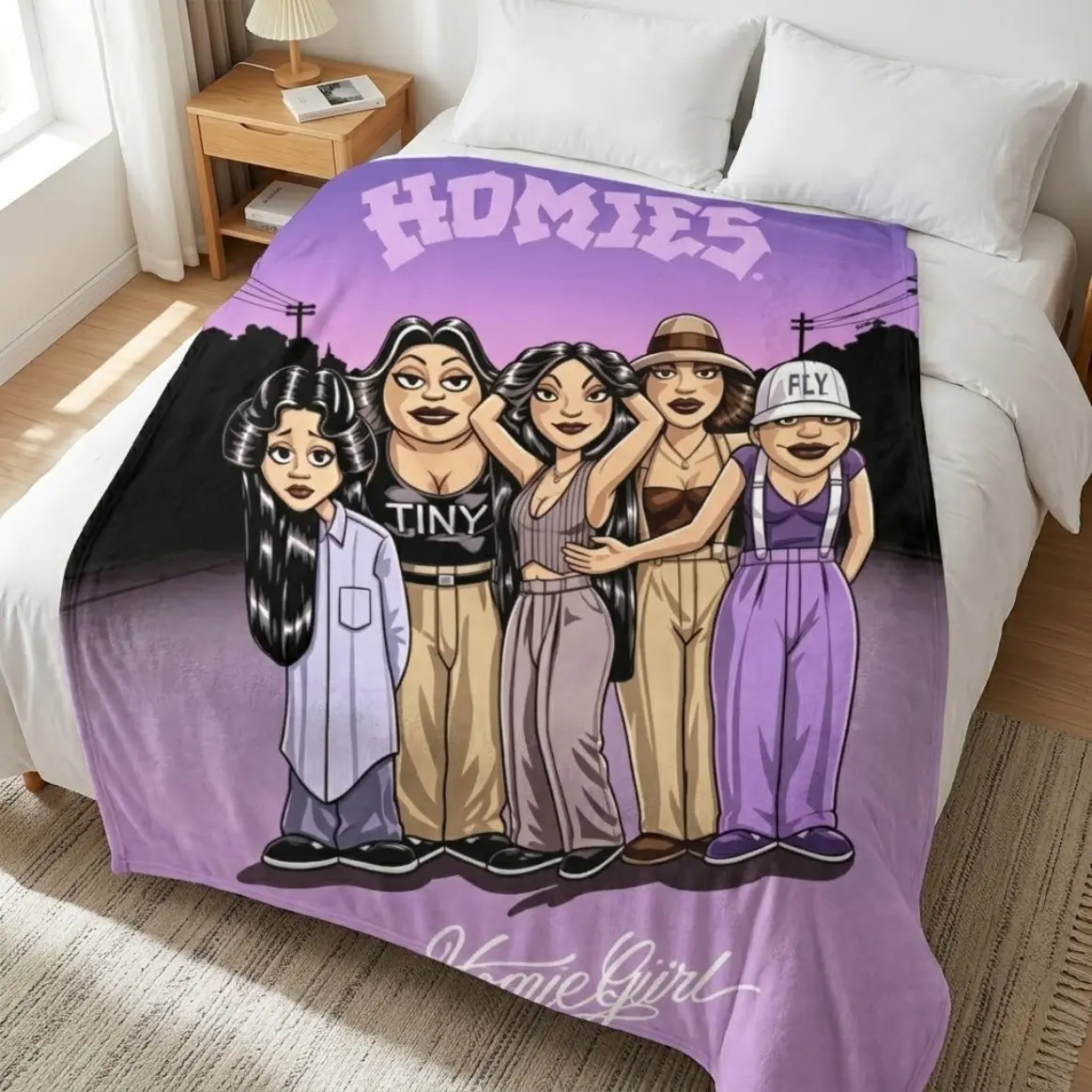 Chicano-Inspired Homie Girl Style Flannel Fleece Throw Blanket, Ultra Soft Cozy All-Season Blankets For Adults And Children, Sofa Throw, Bed Throw, Retro Urban Latino Home Decor, Bedding Bed Accessories, Holiday Birthday Gift For Street Art Fans