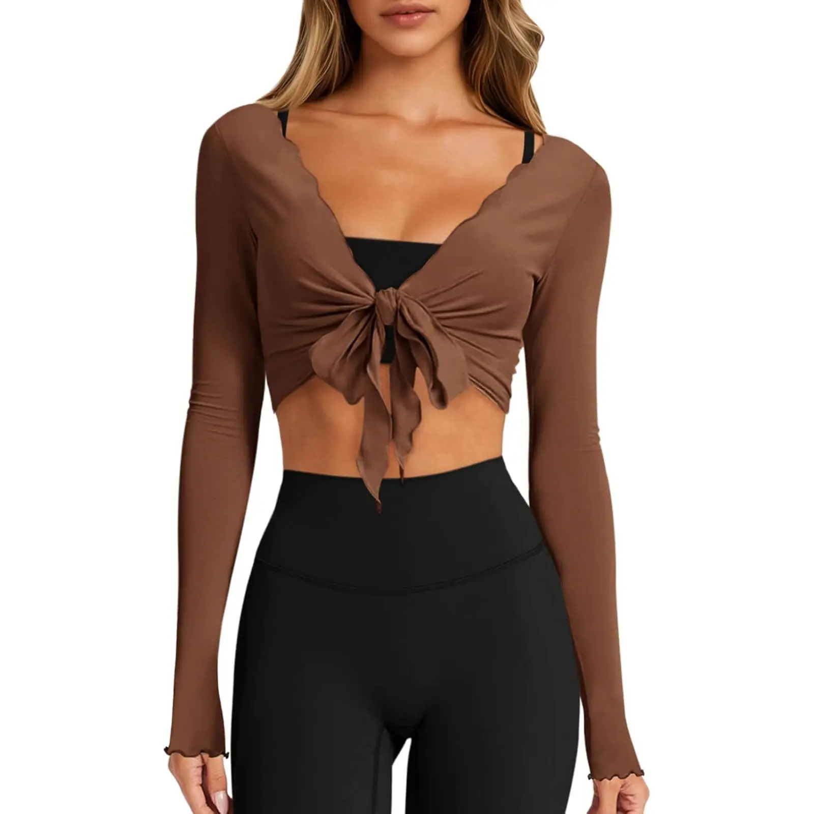 Yousify Women's Basic Long Sleeve Bolero Shrug, Lightweight Deep V Stretch Polyester Cardigan Cover Up for Yoga, Elastane