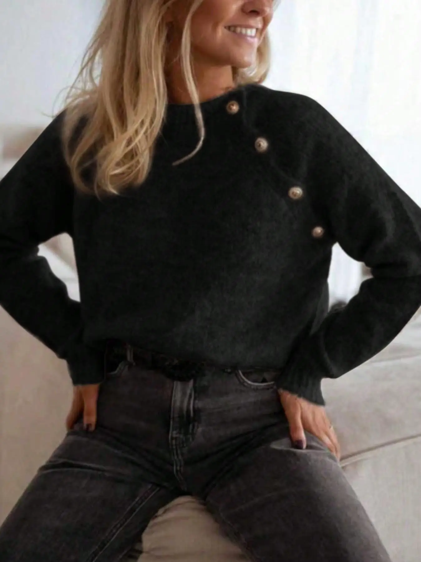 Women's Side Button Knit Sweater, Long Sleeve Mock Neck Pullover Top, Vintage Casual Style, Soft Comfy Warm Daily Wear, Autumn Winter Fashion Jumper, Casual Cozy Sweaters