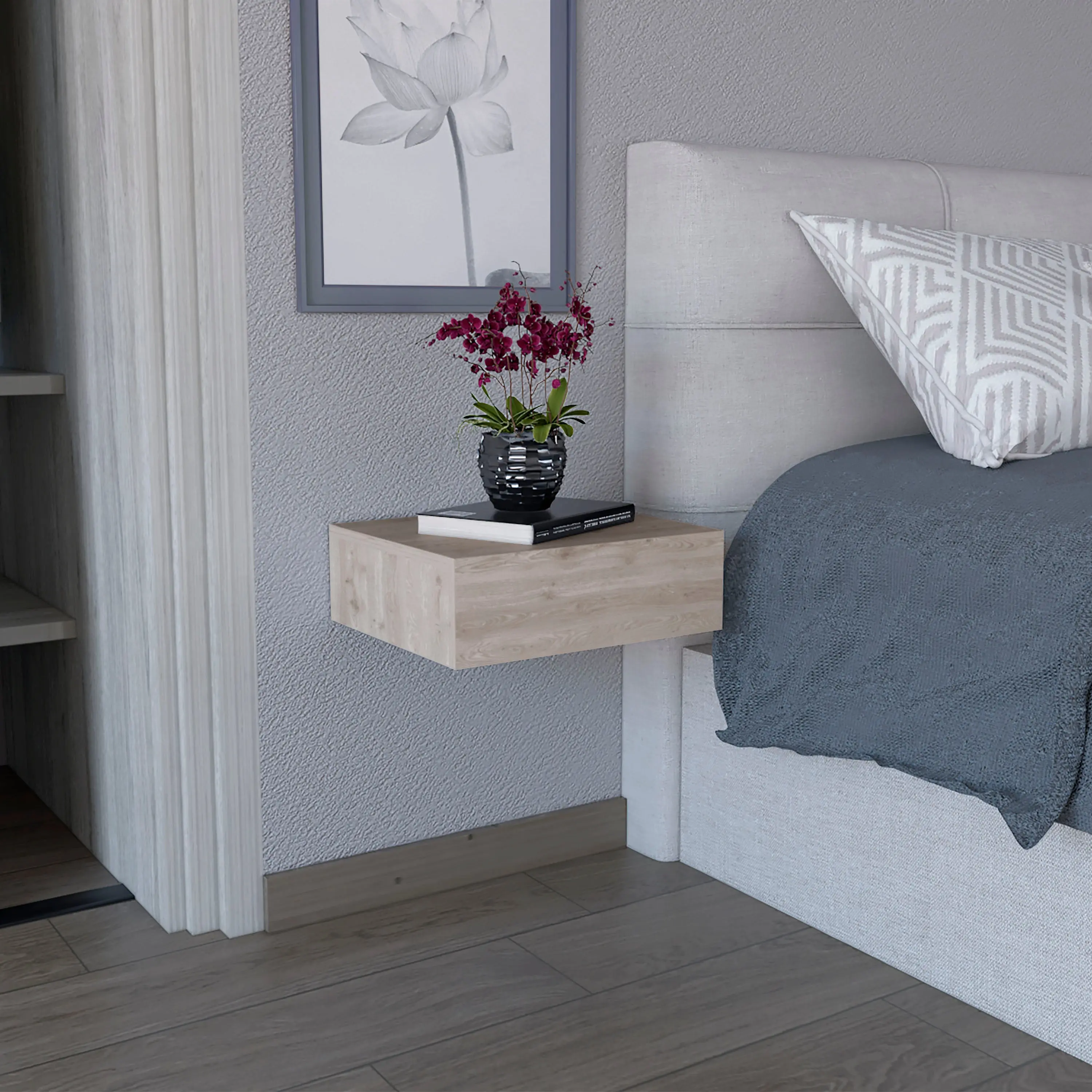 ARCH Wall Mounted Floating Nightstand with Drawer, Gray Particle Board Bedside Table for Bedroom, Space Saving End Table Side Table for Living Room, 15.7"W x 13.4"D Top, Easy Assembly, Gray Color Options, Particle Board Material, Product Dimensions