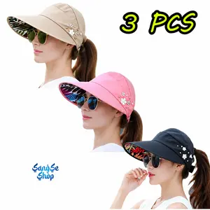 3PCS Women's Foldable Sun Visor Hats with Free 13cm Hair Clip, UPF 50+ UV Protection, Wide Brim Adjustable Packable Summer Caps, Lightweight Floral Sun Hats for Beach, Travel, Hiking, Golf & Outdoor Activities,SummerWIns