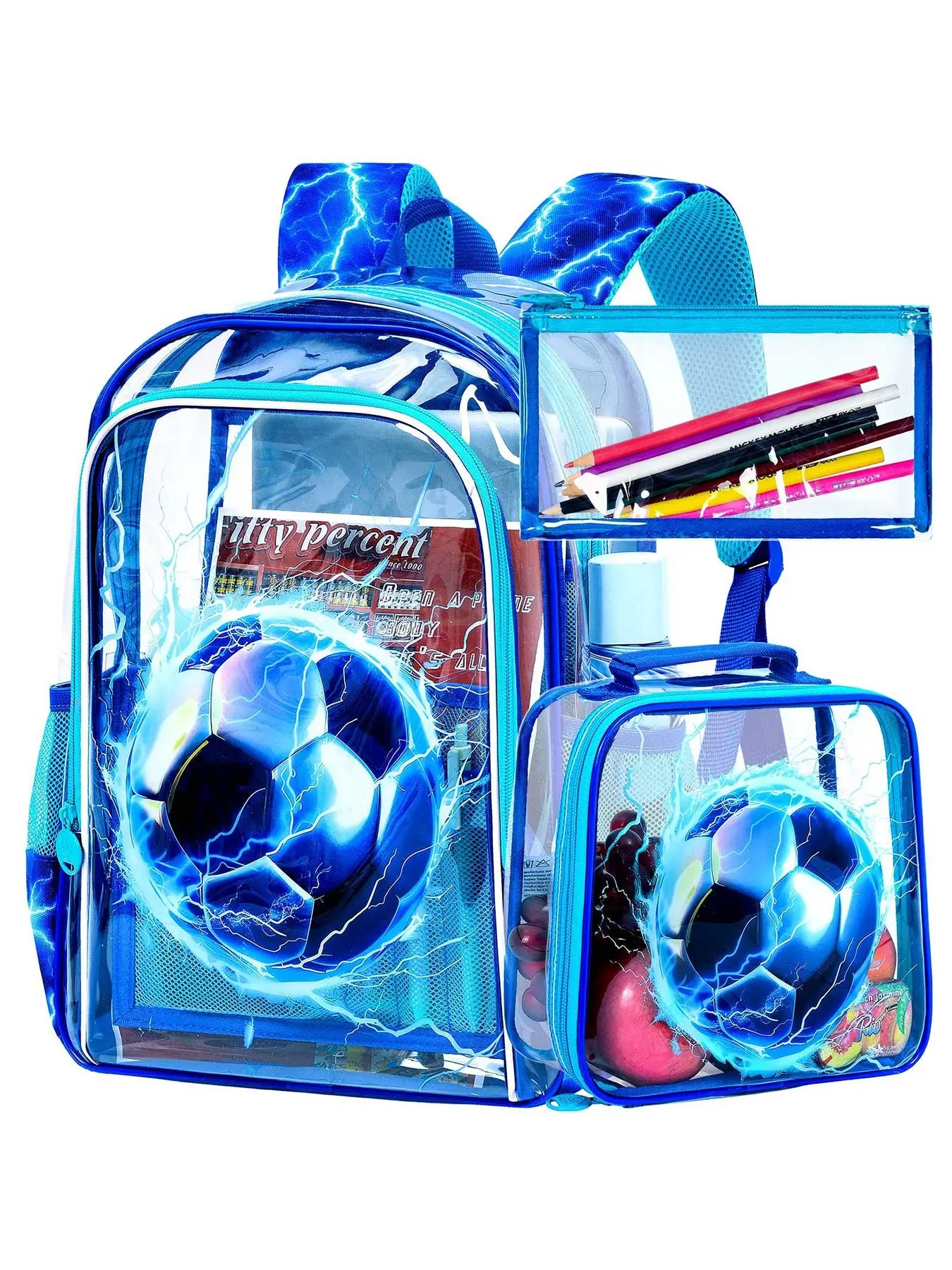 3PCS transparent children's backpack, specially designed for boys, see-through backpack, suitable for primary school and preschool children, blue lightning football style