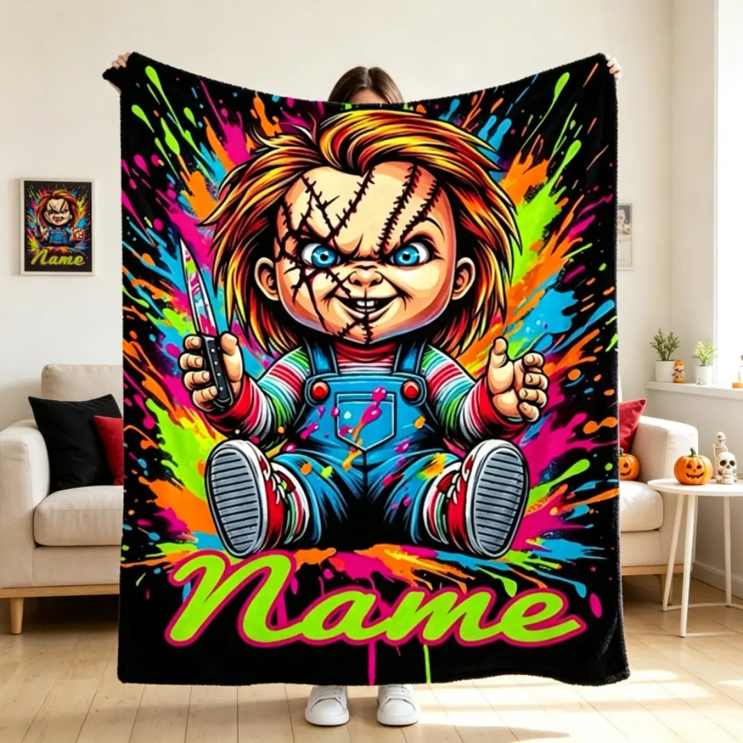 Chucky Print Flannel Blanket Throw, Cozy Soft Warm Polyester Decorative Sofa Blanket, Plush Fleece Throw Blanket Machine Washable Personalized Gift for Horror Movie Fans, Outdoor Nap Camping Travel Use, Bedroom Bed Adults Kids Home Decor