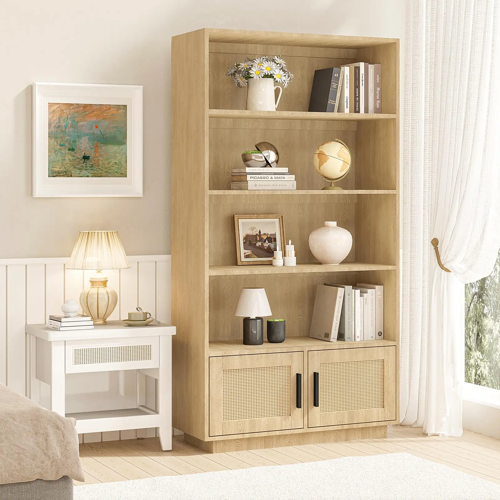 Bohemian Style 5-Tier Wooden Office Bookshelf with Rattan Doors - Book and Storage Organizer, Perfect for Living Room, Bedroom, and Office - Rustic Design for Small Spaces