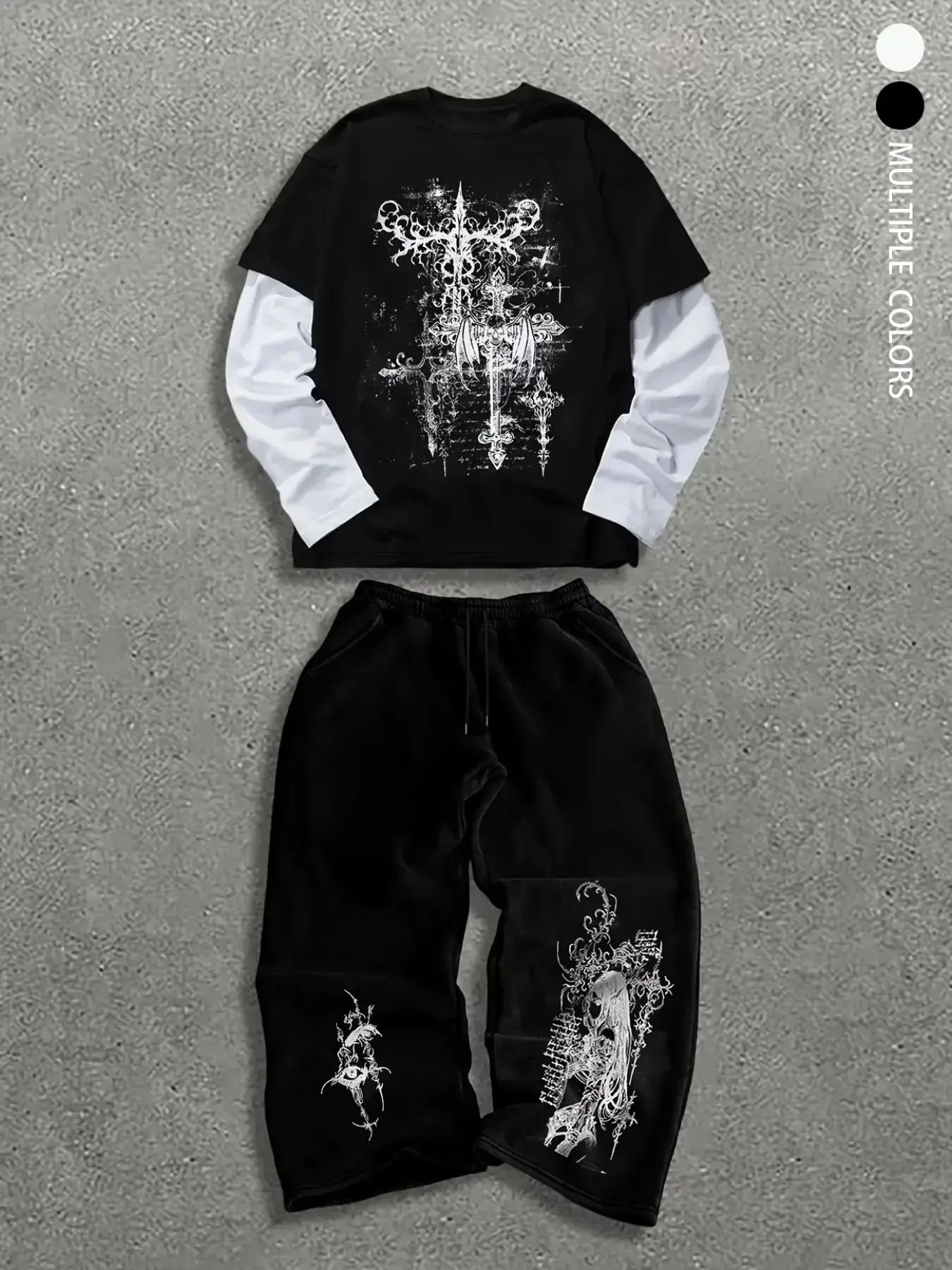 Gothic Cross Two-Piece Set, Long Sleeve Top and Sweatpants, Dark Aesthetic, Distressed Print, Loose Fit, Unisex, Fall Winter Streetwear