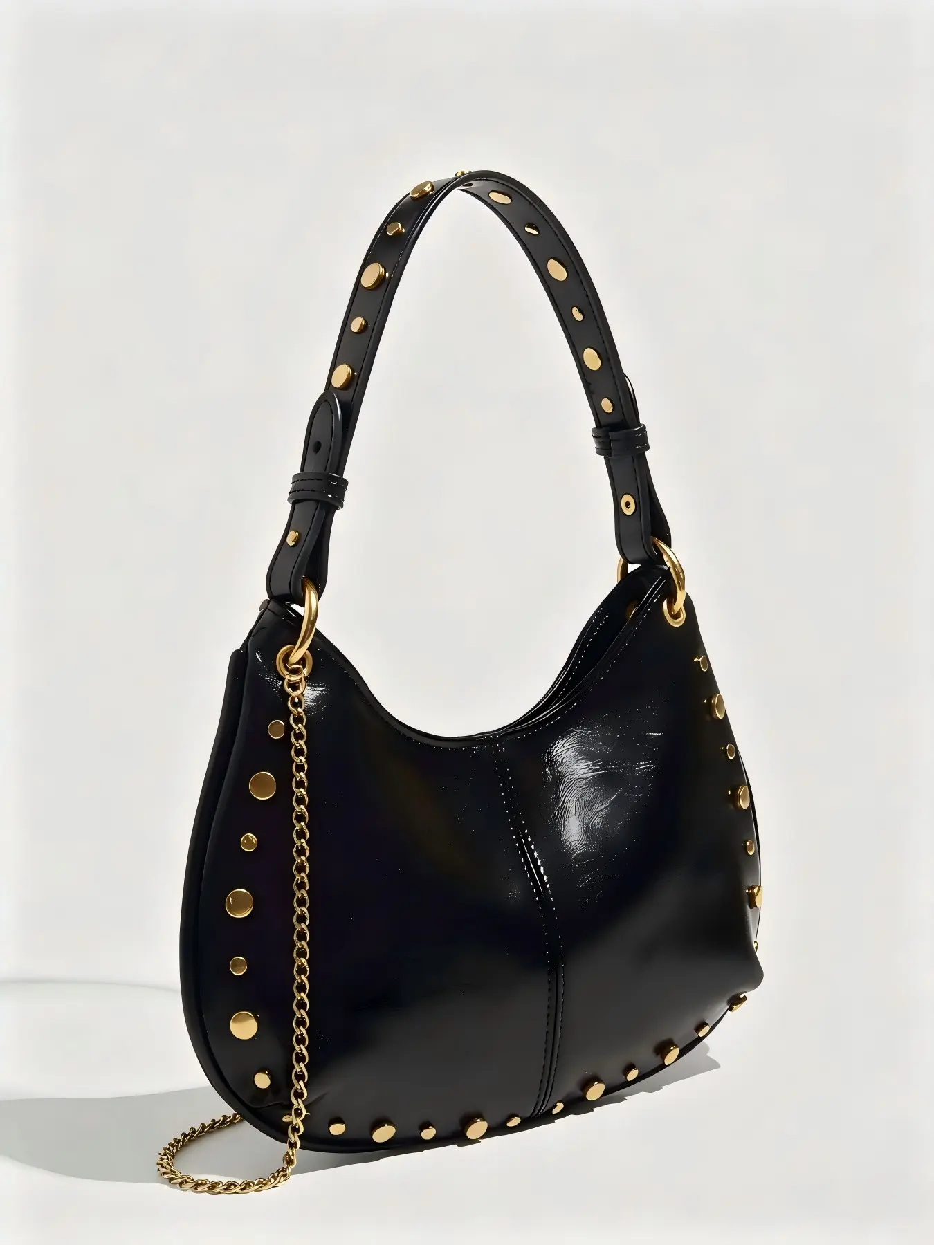 Women Rivet Decor Crescent Hobo Shoulder Crossbody Bag, Half Moon Bag, Large Capacity PU Underarm Handbag, 2 Colors Black & Burgundy, Lightweight Versatile Purse for Everyday & Fall Holiday Outfits