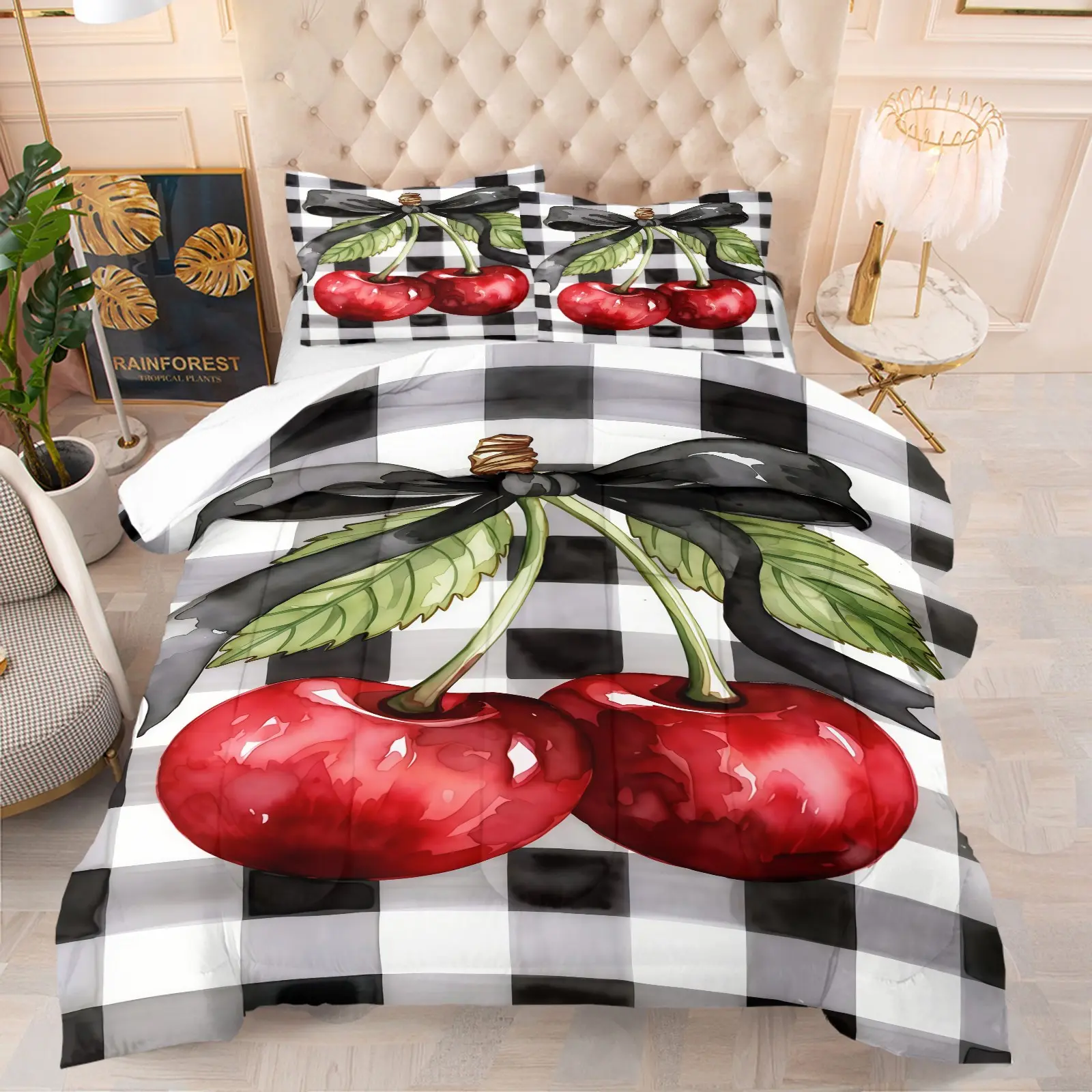 Cherry print pattern bedding set, including 1 blanket and 1 or 2 pillowcases without pillowcases, soft children's or adult bedroom decoration gift