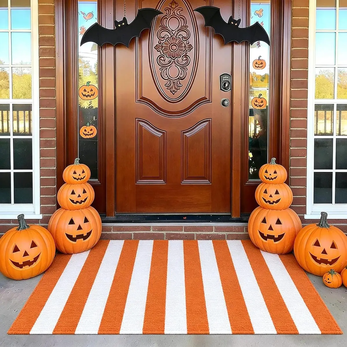 Striped Outdoor Rug  Orange and White Front Door Mat, Halloween Layering Rug for Porch, Washable Doormat, Cotton Area Rug for Outdoor Entrance Entryway Porch Decor
