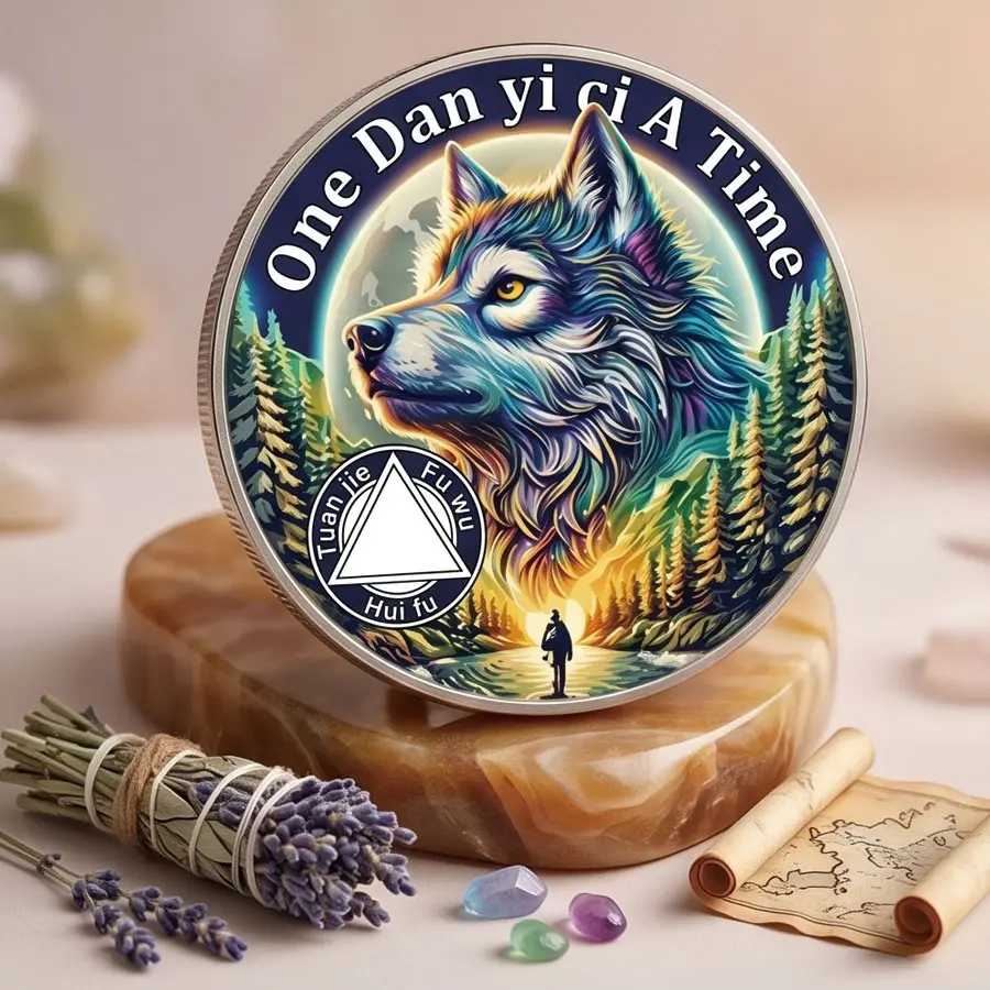 Wolf Head Forest Theme Medal, Life Tree Dual Color Coin, Alcohol Recovery Healing Desk Ornament, Wolf and Life Tree Memorial Coin