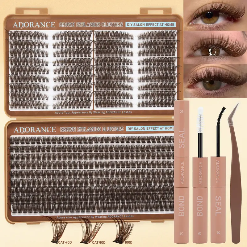 ADORANCE 648-Piece Brown Lash Cluster Kit, D-Curl Cluster Lashes in 10–18mm Mixed Lengths with Bond & Seal and Tweezers, DIY Eyelash Extension Kit for At-Home Salon-Style Volume Fluffy Lashes