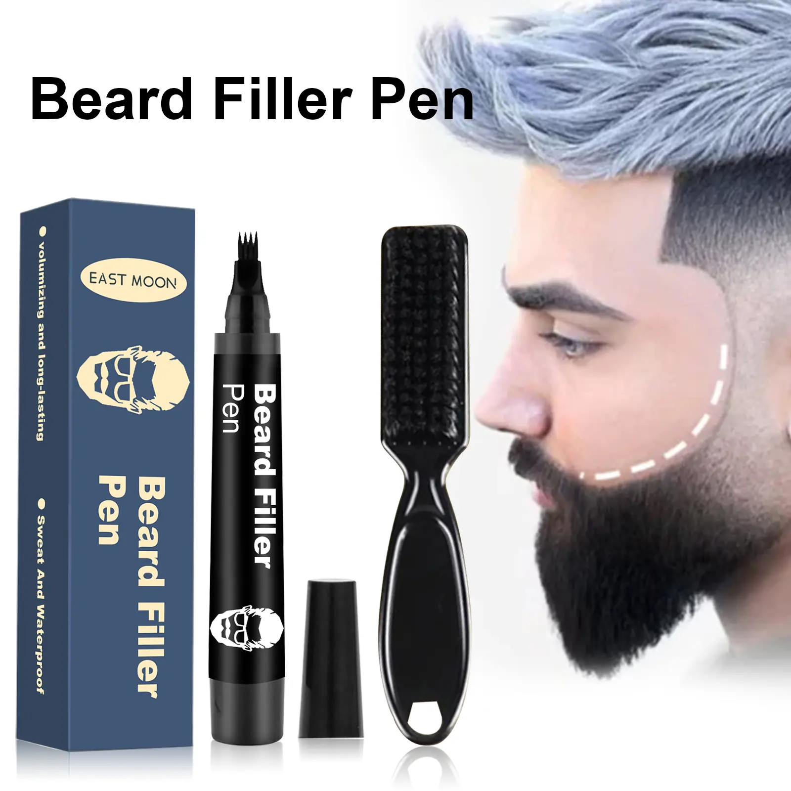 EAST MOON Beard Filler Pen with Brush, Waterproof Sweatproof Beard Makeup Pen, Temporary Beard & Hairline Modifying Tool for Natural Look