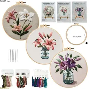 Lily Flower Embroidery Kit for Beginners, DIY Needlework Craft Set with Floral Pattern and Stitch Guide for Home Decor and Sewing Projects