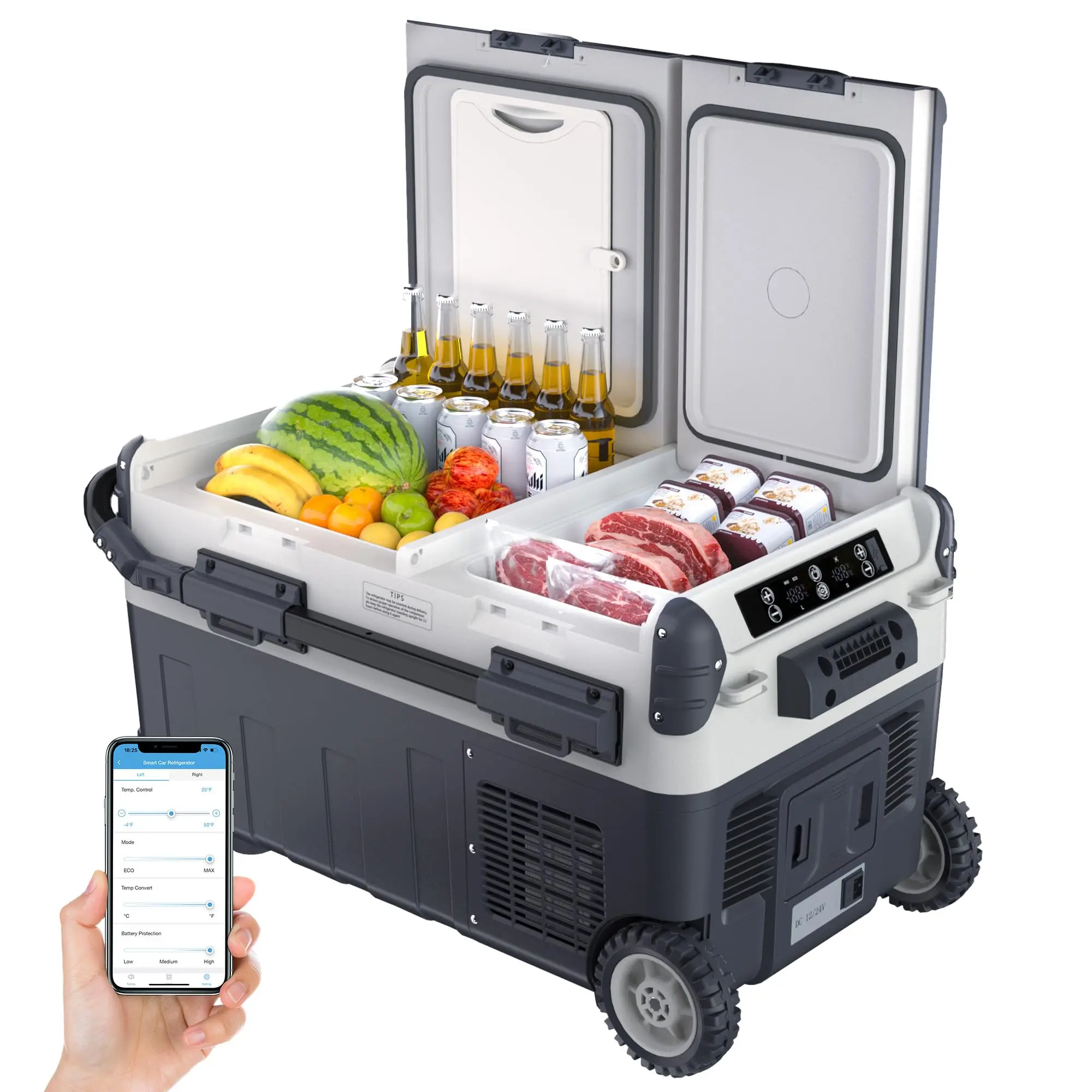 【GAOMON】32/43/53QT Portable Car Refrigerator, Dual Zone Compressor Cooler for Truck RV Camping, 12V/24V DC AC Solar Powered, Fast Freezing to -4°F, Wireless Battery Compatible, Silent Operation