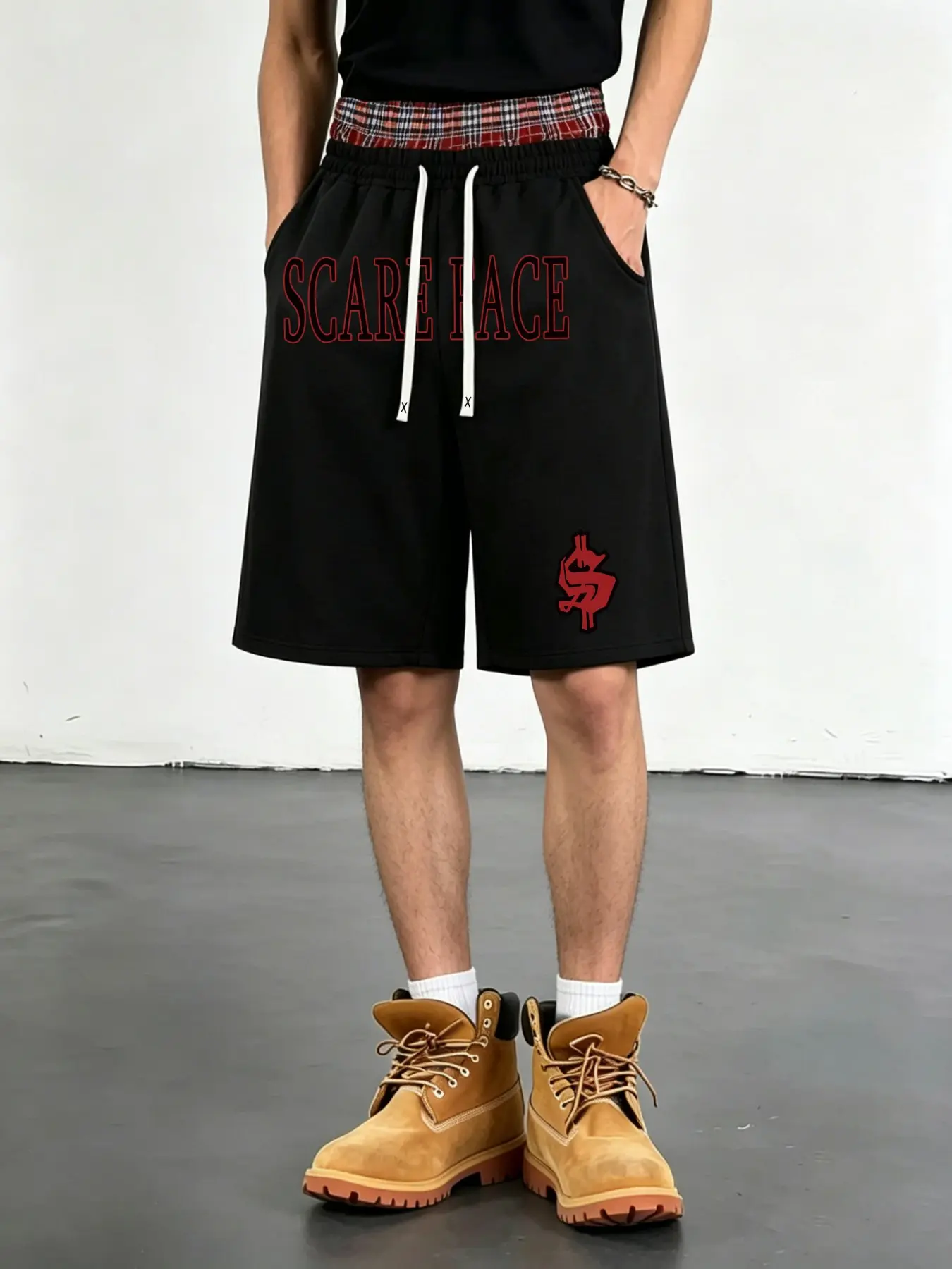 Men's Summer Plaid Waist Shorts, Scarface Pattern Print Loose Fit, Ideal for Sports, Fitness, Daily Wear, Trendy Five-Quarter Pants, Graphic Loose Shorts