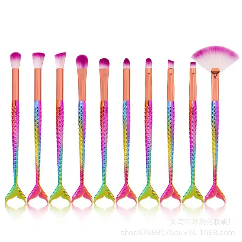 10Pcs Mermaid Eye Makeup Brush Set with Shimmer Storage Bag, Soft Bristle Eyeshadow Blending & Detail Concealer Brushes