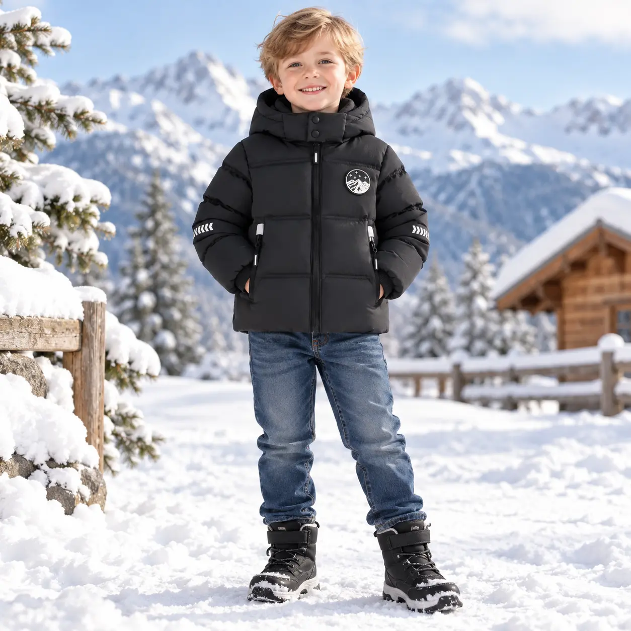 Kids' Winter Fleece-Lined Hooded Puffer Jacket, Prop 65 Safe Insulated Outerwear with Zipper Pockets, Mountain Patch Casual Snow Coat for Boys & Girls