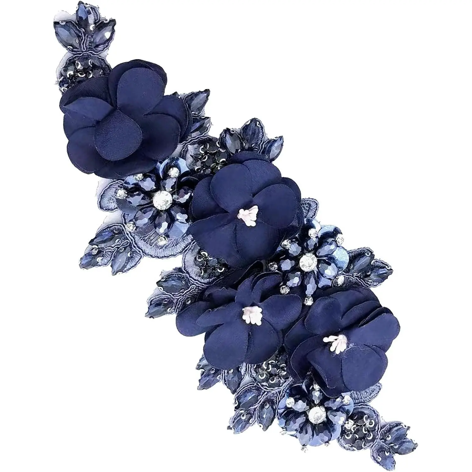 1 count  Rhinestone Applique for Clothes,  Flower Fabric Patches for Wedding Dress, Bling Beaded Embroidery Lace Applique for Hat Hairband Sewing Embellishment (Navy Blue)