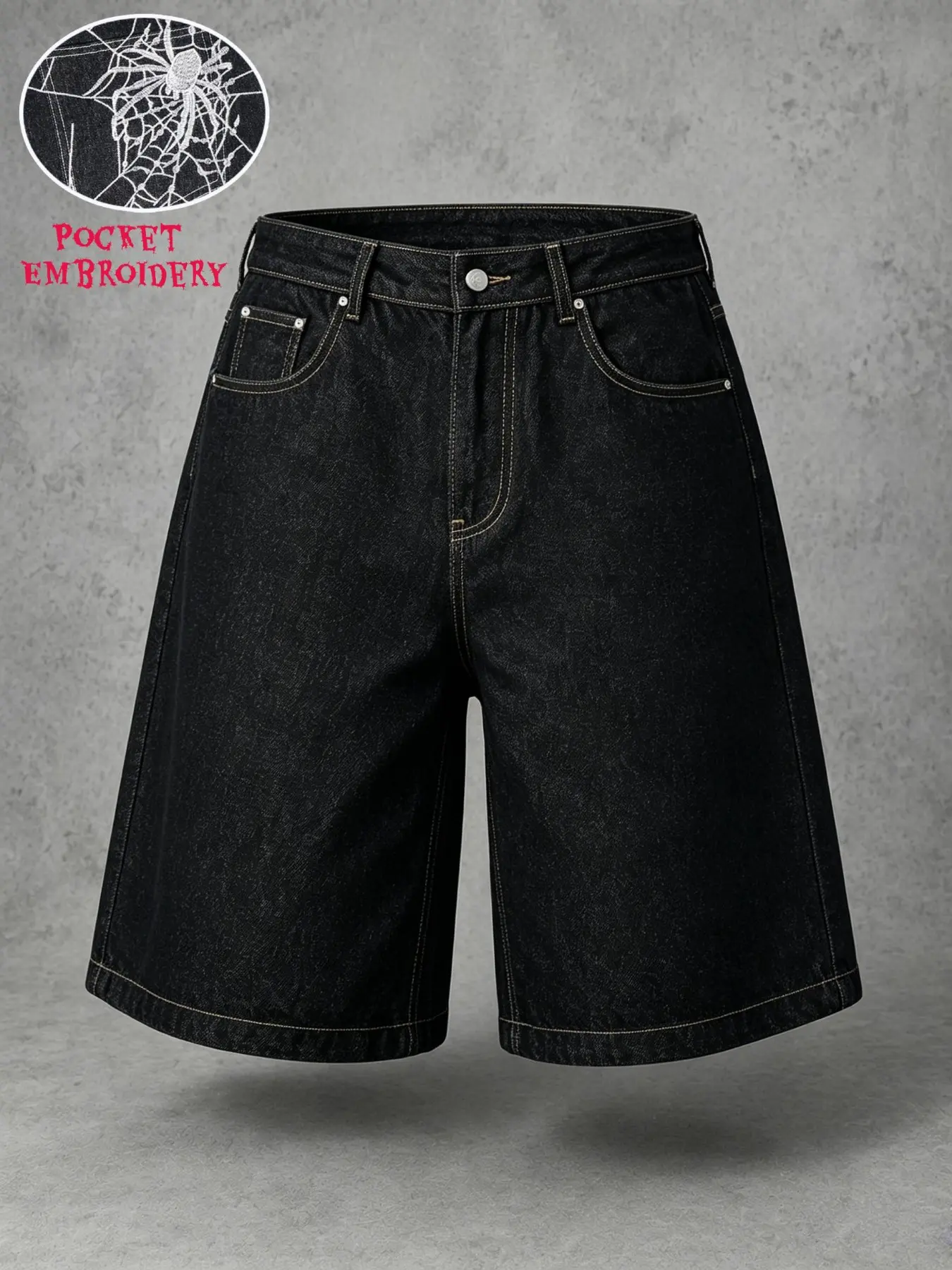 Men's Summer New Arrival Casual Spider Embroidery Pocket Cool Trendy Loose Fit Jeans Shorts, Versatile Denim Mid-Length Pants