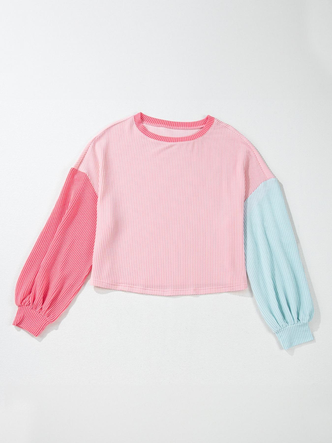 Women's Colorblock Striped Print Knit Fitted Sweatshirt, Casual Long Sleeve Round Neck Pullover for Spring & Fall, Ladies Clothes for Daily Wear Top