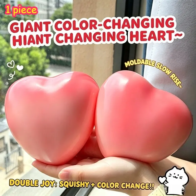Giant Color-Changing Heart Squishy Toy, Super Soft Stress Relief Squeeze Ball, Slow Rebound Cute Light Sensitive Squishy, Flour Filled Anxiety Relief Toy