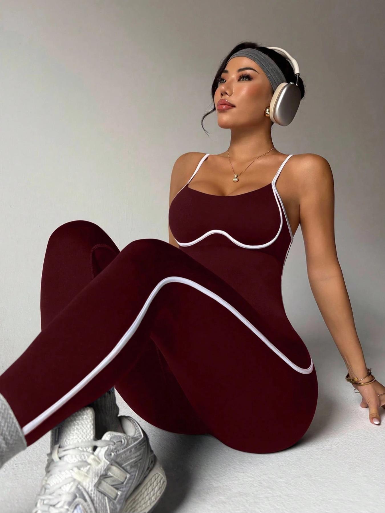 Women's Colorblock Square Neck High Elastic Yoga Bodysuit, Seamless Breathable Backless Outdoor Running Fitness Slimming Jumpsuit, Sportswear Jumpsuits